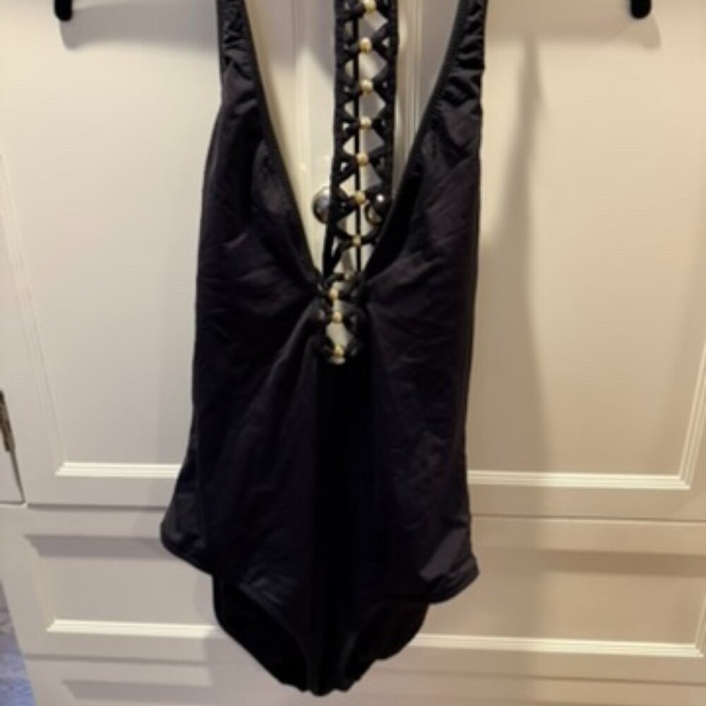 Trina Turk Plunge Racerback One Piece Black Beaded Swimsuit Bathing Suit Size: 8